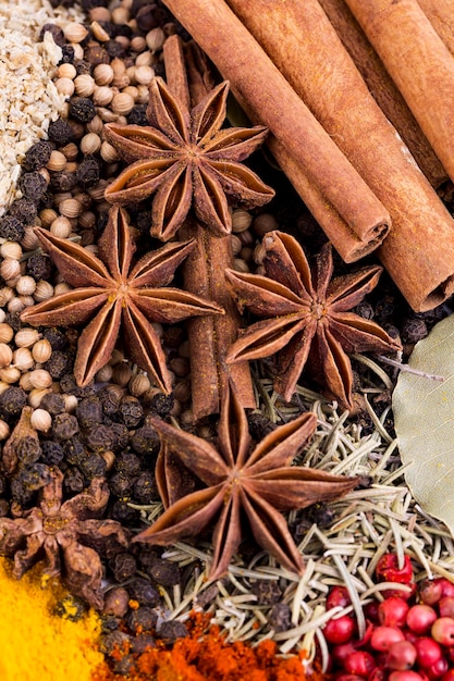 Mixed various spices on the white background