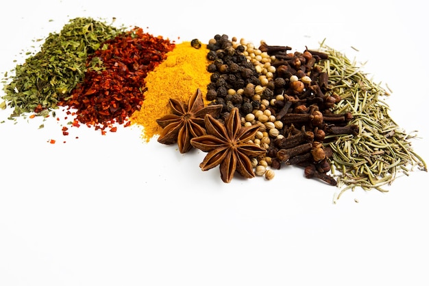 Mixed various spices on the white background