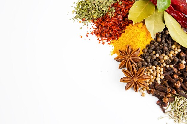 Mixed various spices on the white background