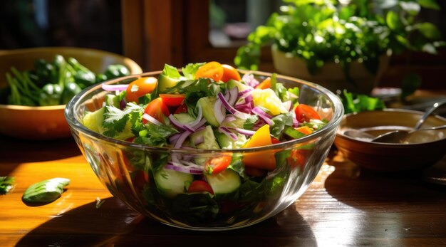 Foto insalata di verdure mescolata in una ciotola di vetro trasparente