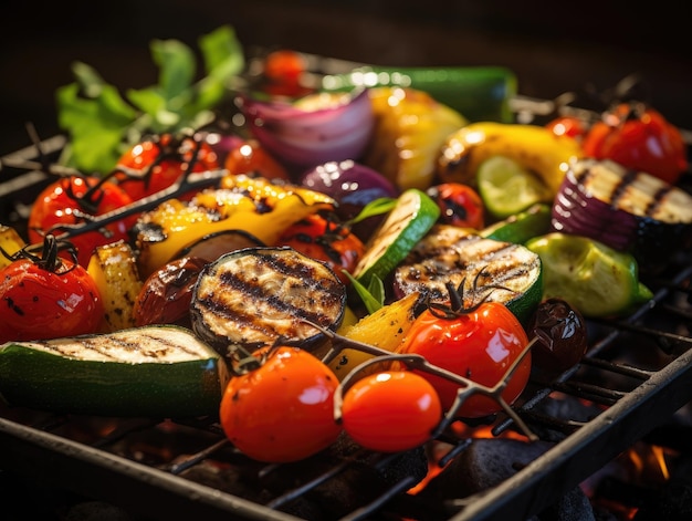 Photo mixed vegetables on a grill closeup shot