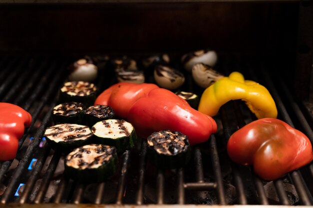 Mixed vegetables on the grill for shish veggie kebab skewers Healthy cooking concep