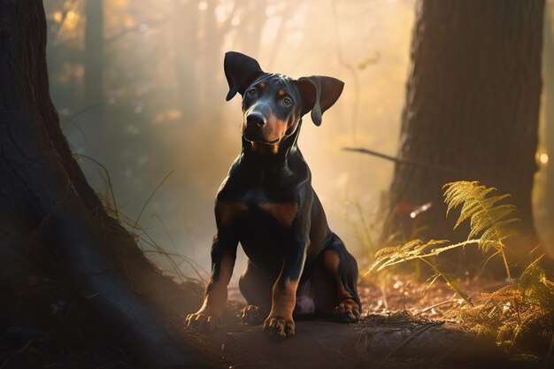 a mixedbreed dog with black and brown fur sitting close to a tree