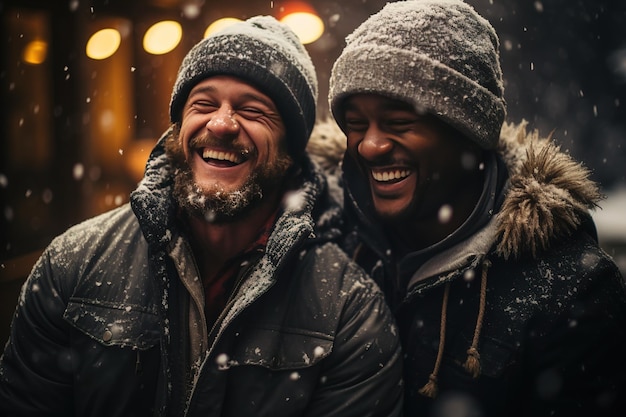 Foto amici gay di mixedrace festeggiano ad una bella festa di capodanno durante il natale