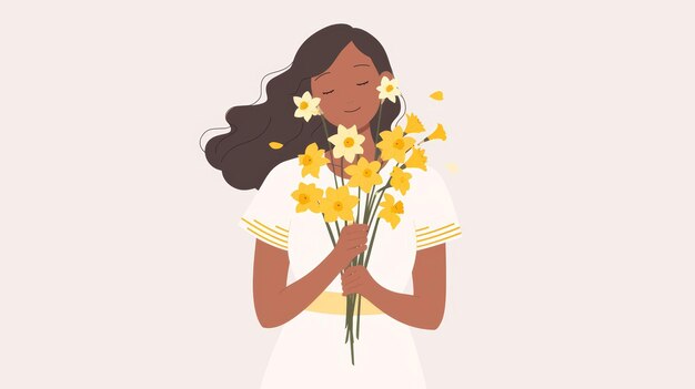 Photo mixedrace woman holding daffodil bouquet minimalist illustration generative ai