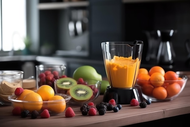 mixer of fruit orange juice and berry with salads dish AI