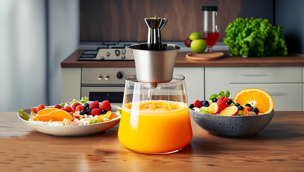 mixer of fruit orange juice and berry with salads dish breakfast on the wooden table in the modern