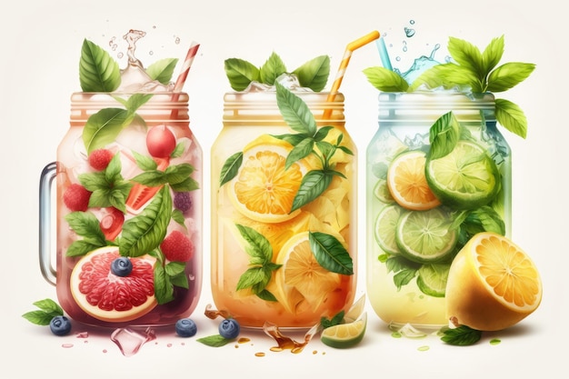 Mixes of peach and lime lemonade mojitos with fruit garnishes and other fruit based drinks