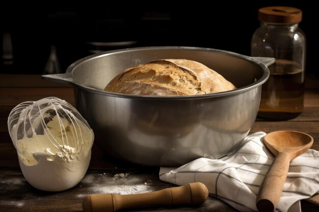 Photo mixing bowl and whisk next to freshly baked loaf of bread created with generative ai