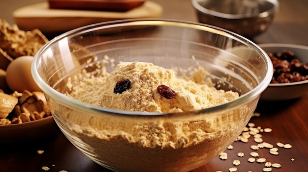 A mixing bowl with oats and raisins for cookies AI generated