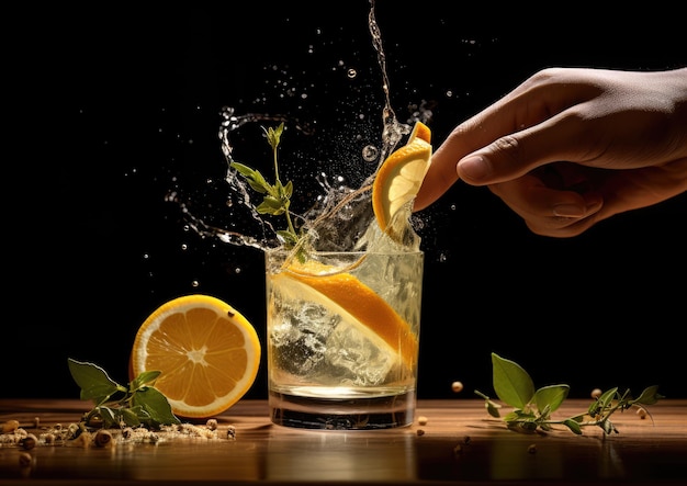 A mixologist's hand using a citrus peel to release essential oils over the Aviation cocktail enhanc