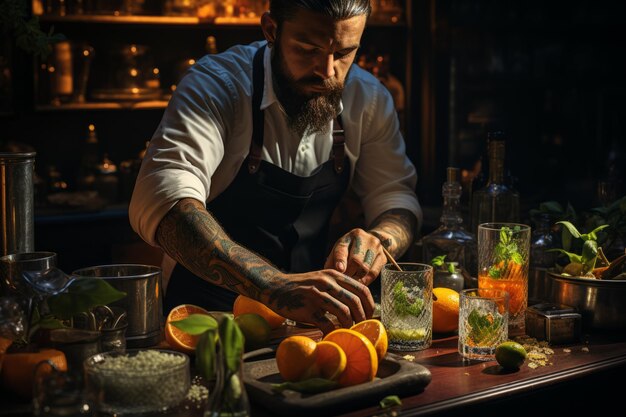 Mixoloog garneerend een cocktail met een ingewikkelde citrus twist Generatieve AI