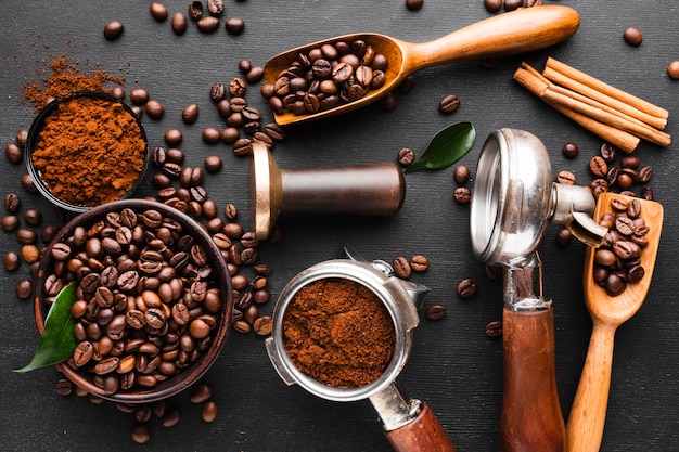 Mixture of coffee accessories on the table