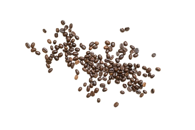 Mixture of different kinds of coffee beans on white background