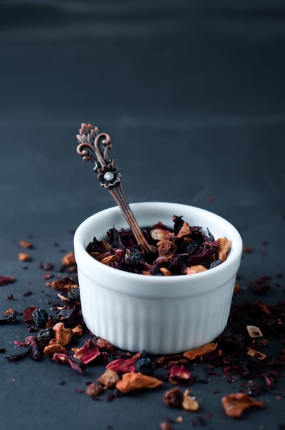 Mixture herbal floral fruit tea with petals