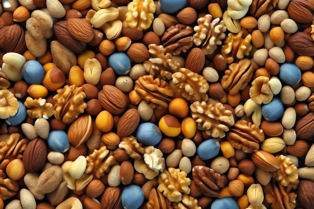 A mixture of nuts and nuts is shown on a table.