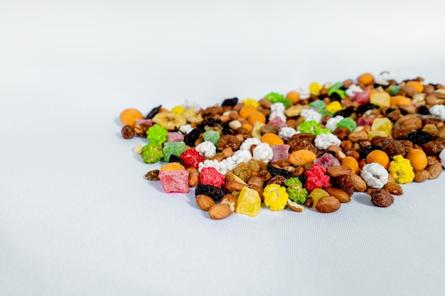 Mixture of nutsdry fruits on white background