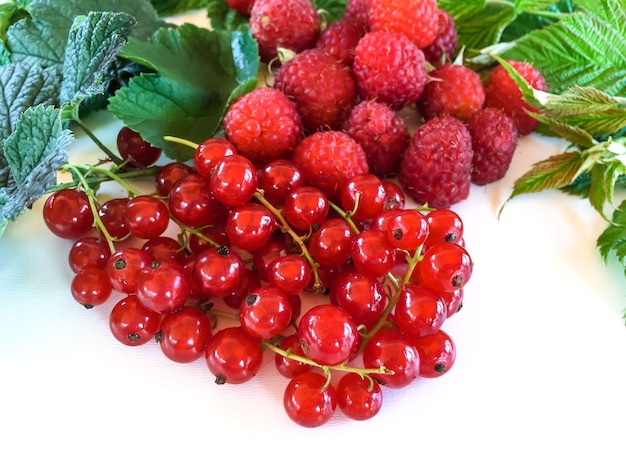 A mixture of ripe fruits and berries on a white background. Raspberries, currants.