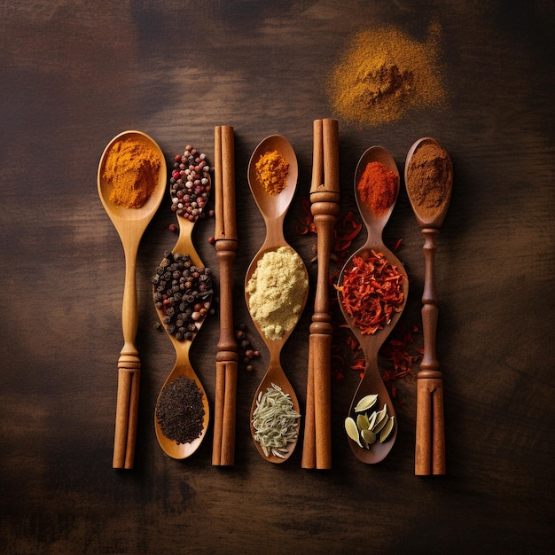 a mixture of spices wooden spoon background