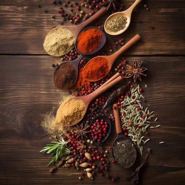 a mixture of spices wooden spoon background