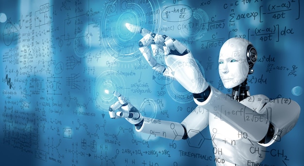 Mlb ai humanoid robot touch screen of mathematics formula and science equation