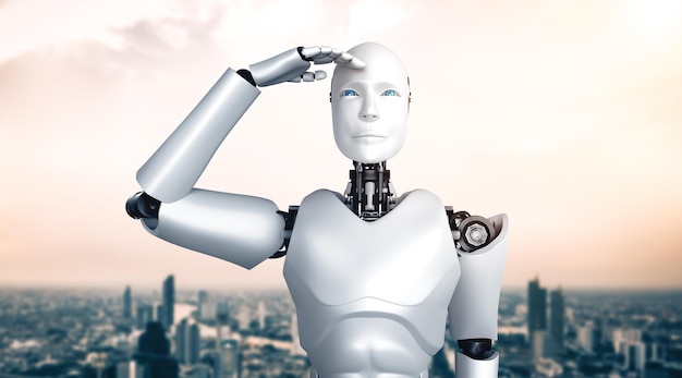 Mlb d illustration robot humanoid looking forward against cityscape skyline