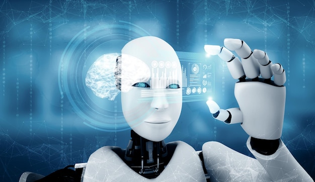 Mlb robot humanoid hold hud hologram screen in concept of ai thinking brain