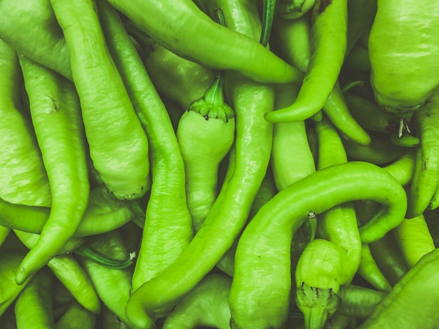 Mlong groene peper met een groot takje op de tak natuurlijke textuur achtergrond van producten