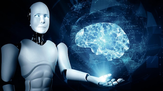 mlp ai hominoid robot holding virtual hologram screen showing concept of ai brain