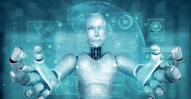 Гоминоидный робот Mlp ai с виртуальным голограммным экраном, показывающим концепцию больших данных