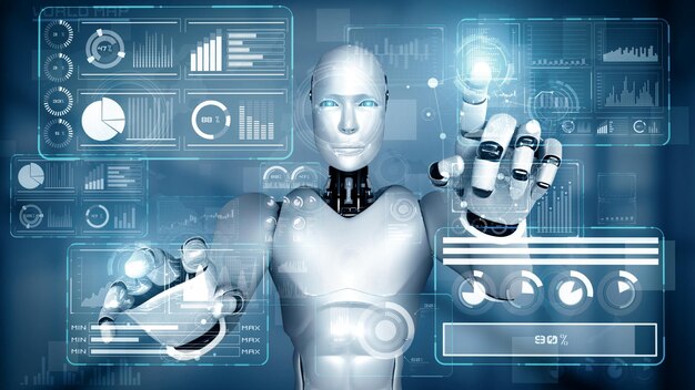 Mlp ai hominoid robot touching virtual hologram screen showing concept of big data