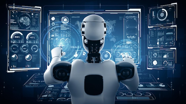 Робот-гоминоид Mlp ai, касающийся виртуального голограммного экрана, показывающего концепцию больших данных
