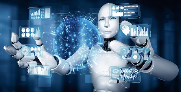 Mlp ai humanoid robot holding virtual hologram screen showing concept of big data