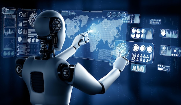 mlp ai humanoid robot touching virtual hologram screen showing concept of big data