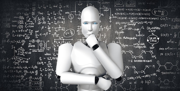 Mlp denkende ai humanoïde robot analyseren scherm van wiskunde formule en wetenschap