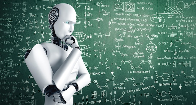 Mlp denkende ai humanoïde robot analyseren scherm van wiskunde formule en wetenschap