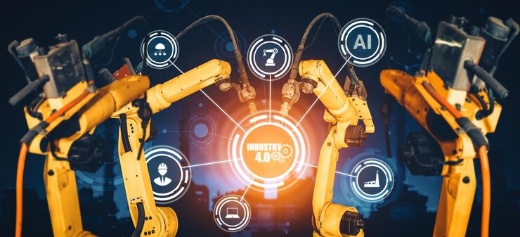 Photo mlp smart industry robot arms for digital factory production technology
