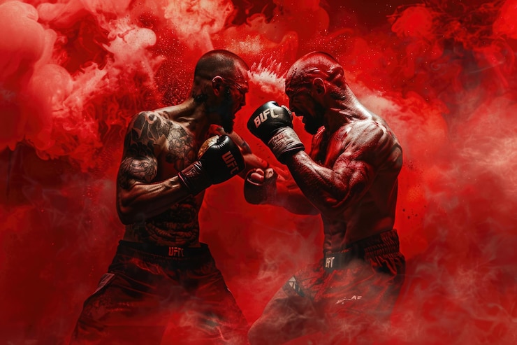 Фотография боксеры mma сражаются в боях без правил на красном дымовом фоне