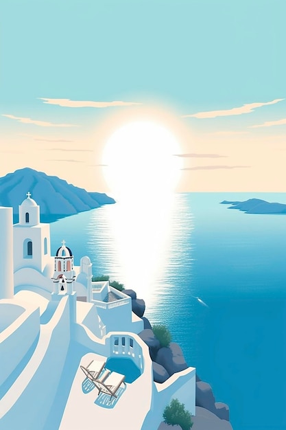 Mnimalist flat illustration poster of Santorini island in Greece created with generative AI