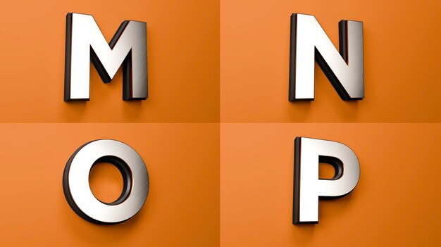 MNOP Zilver Goud en Zwart Lettertype Oranje achtergrond Alfabet Letters Symbolen 3d illustratie