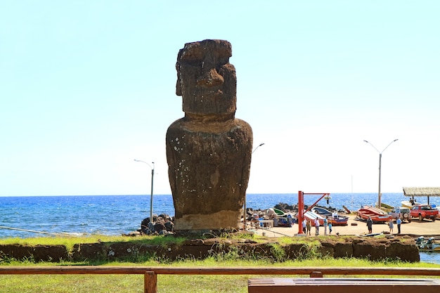 Moai of Ahu Hotake Ceremonial Platform at Hanga Roa town Easter Island Chile
