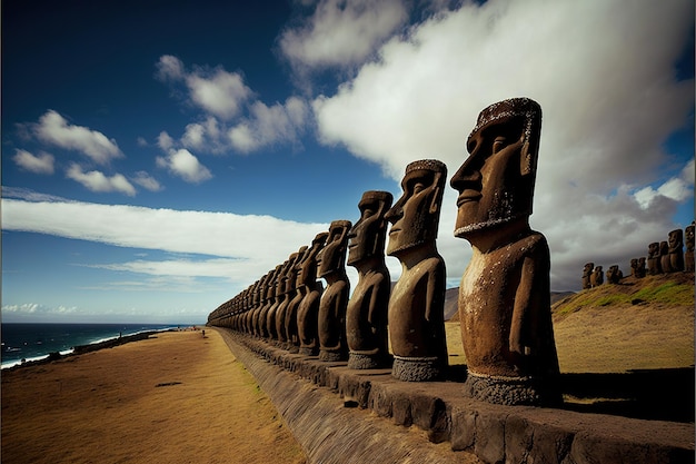 Moai-beelden staan in een rij met uitzicht op de oceaan op het Paaseiland, gemaakt met generatieve AI