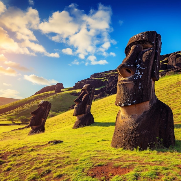 Moai in Rapa Nui National Park on the slopes of Rano Raraku volcano on Easter Island Chile