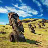 Photo moai in rapa nui national park on the slopes of rano raraku volcano on easter island chile