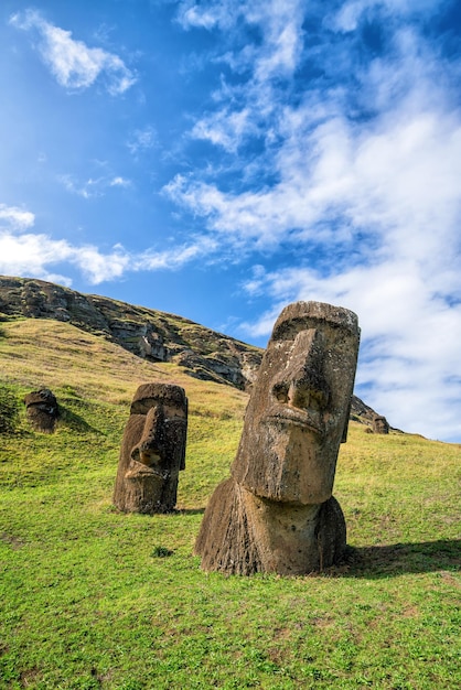 Moai statues in the Rano Raraku Volcano in Easter Island Chile