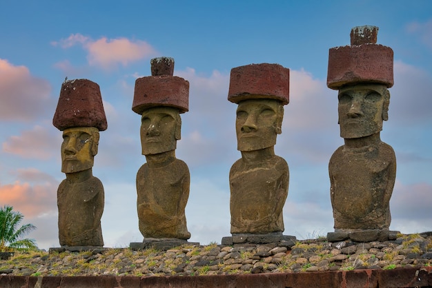 Moais standing on the Anakena Beach in Easter Island