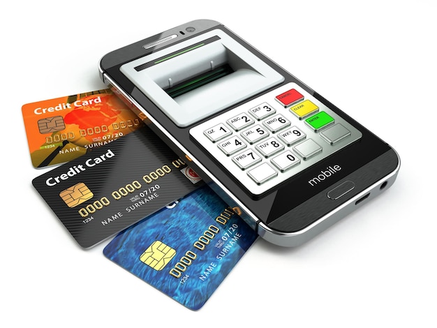 Mobiel bankieren concept. Smartphone als ATM en creditcards. 3d