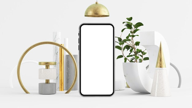 Mobiel scherm mock-up op minimale abstracte omgeving 3D-rendering