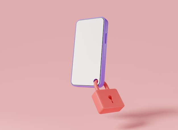 Mobiel slotpictogram op roze achtergrond Mobiele beveiliging modern concept Mobiele beveiliging Slimme app beschermt smartphone Gebruikersgegevensbeveiliging Persoonlijke gegevensbeveiliging 3d minimale render illustratie