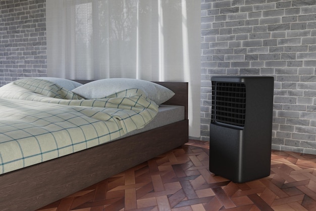 mobiele airconditioner in een kamer met een bed 3d